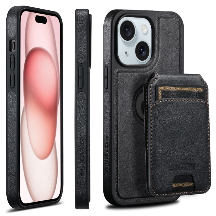 For iPhone 15 Suteni M2 Oil Wax MagSafe Horizontal Card Bag Phone Case(Black) - HoMEdemic™ 