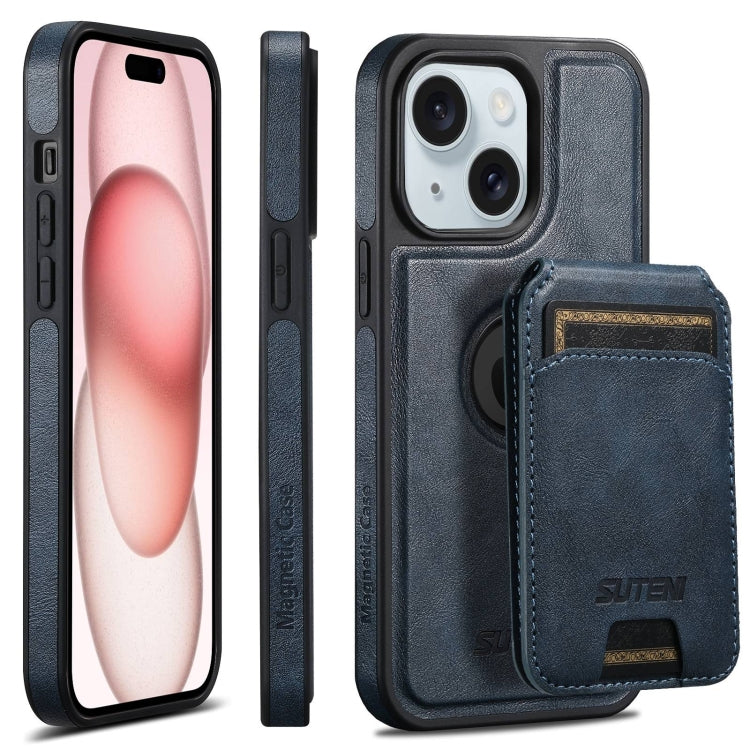 For iPhone 15 Suteni M2 Oil Wax MagSafe Horizontal Card Bag Phone Case(Blue) - HoMEdemic™ 