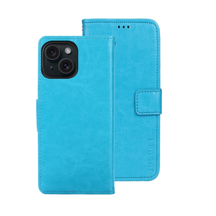 For iPhone 15 idewei Crazy Horse Texture Leather Phone Case with Holder(Sky Blue) - HoMEdemic™ 