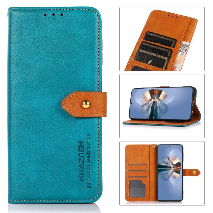 For iPhone 16 Pro Max KHAZNEH Dual-color Cowhide Texture Flip Leather Phone Case(Blue) - HoMEdemic™ 