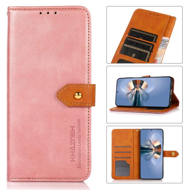 For iPhone 16 Pro Max KHAZNEH Dual-color Cowhide Texture Flip Leather Phone Case(Rose Gold) - HoMEdemic™ 