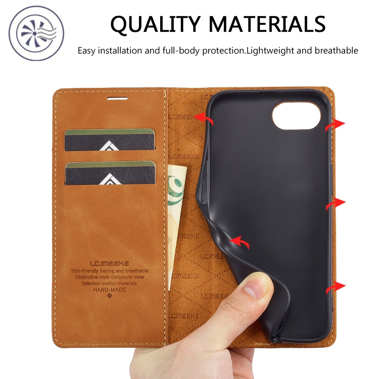For iPhone 16e LC.IMEEKE Strong Magnetism Microfiber Leather Phone Case(Brown) - HoMEdemic™ 