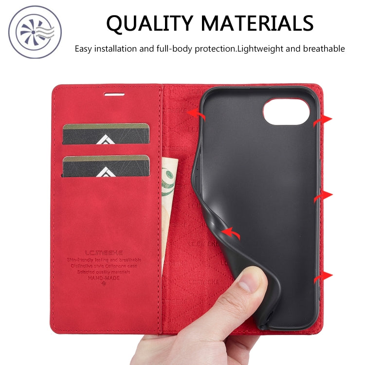 For iPhone 16e LC.IMEEKE Strong Magnetism Microfiber Leather Phone Case(Red) - HoMEdemic™ 