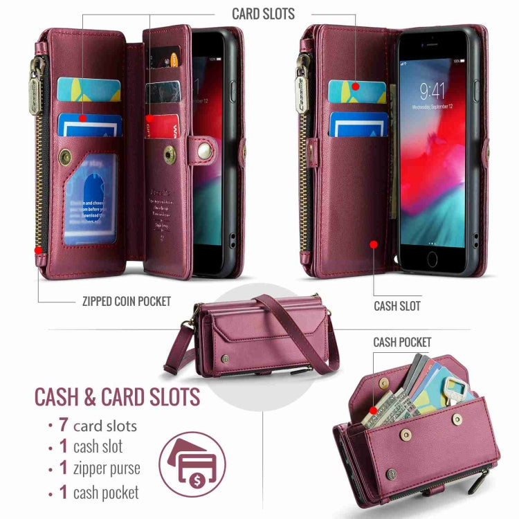 For iPhone SE 2022 / SE 2020 CaseMe C36 Card Slots Zipper Wallet RFID Anti-theft Leather Phone Case(Wine Red) - HoMEdemic™ 