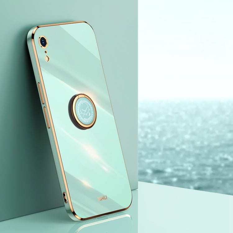 For iPhone XR XINLI Straight Edge 6D Electroplate TPU Phone Case with Ring Holder(Mint Green) - HoMEdemic™ 