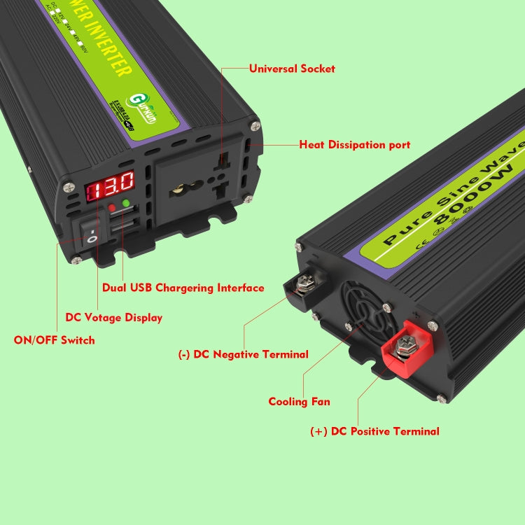 Gurxun 12V-220V 8000W Pure Sine Wave Inverter Car Single Digital Display Voltage Converter - HoMEdemic™ 
