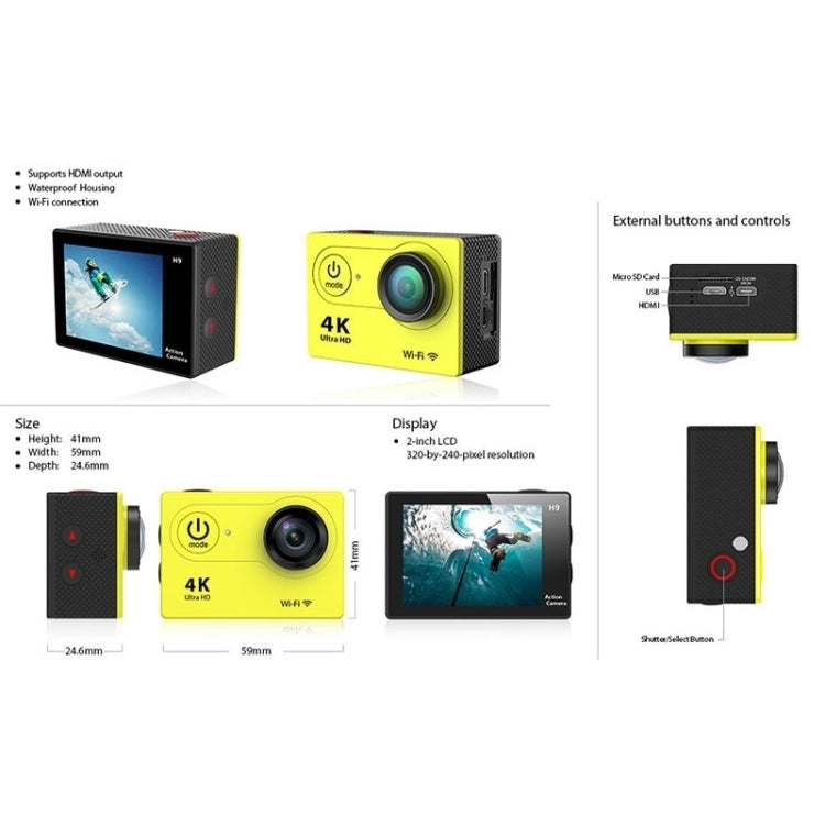 H9 4K Ultra HD1080P 12MP 2 inch LCD Screen WiFi Sports Camera, 170 Degrees Wide Angle Lens, 30m Waterproof, H9 4K (Black) - HoMEdemic™ 