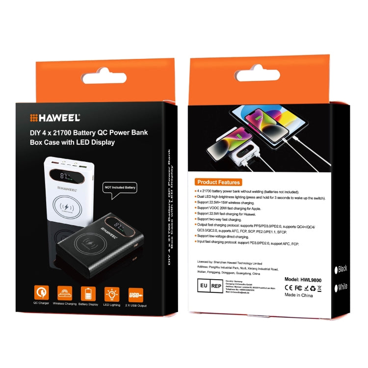 HAWEEL DIY 4 x 21700 Battery 22.5W Fast Charge 15W Wireless Charging Power Bank Box Case with Display, Not Include Battery (Black) - HoMEdemic™ 