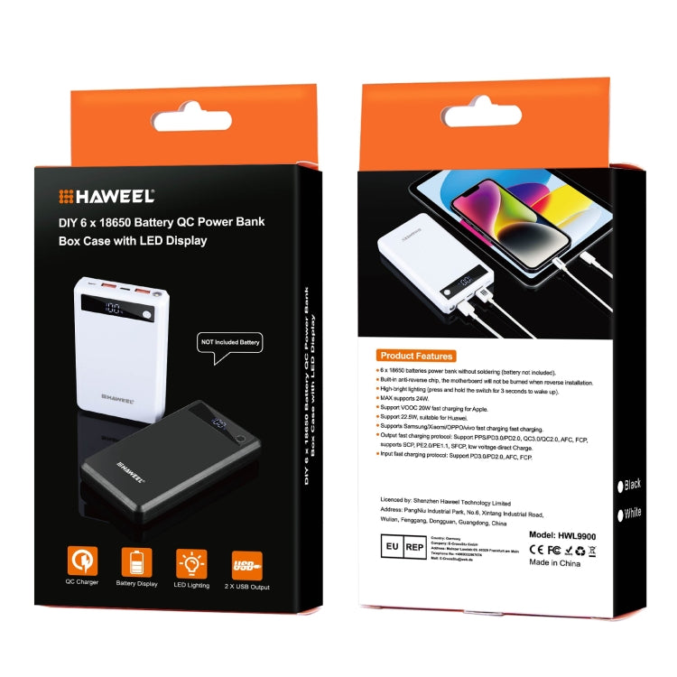 HAWEEL DIY 6 x 18650 Battery 24W Fast Charge Power Bank Box Case with Display, Not Include Battery (Black) - HoMEdemic™ 