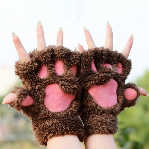 Winter Lovely Cartoon Cat Claw Lady Gloves Thick Warm Fluffy Paws Half Finger Gloves - HoMEdemic™ 