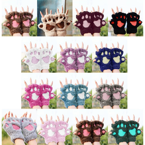 Winter Lovely Cartoon Cat Claw Lady Gloves Thick Warm Fluffy Paws Half Finger Gloves - HoMEdemic™ 