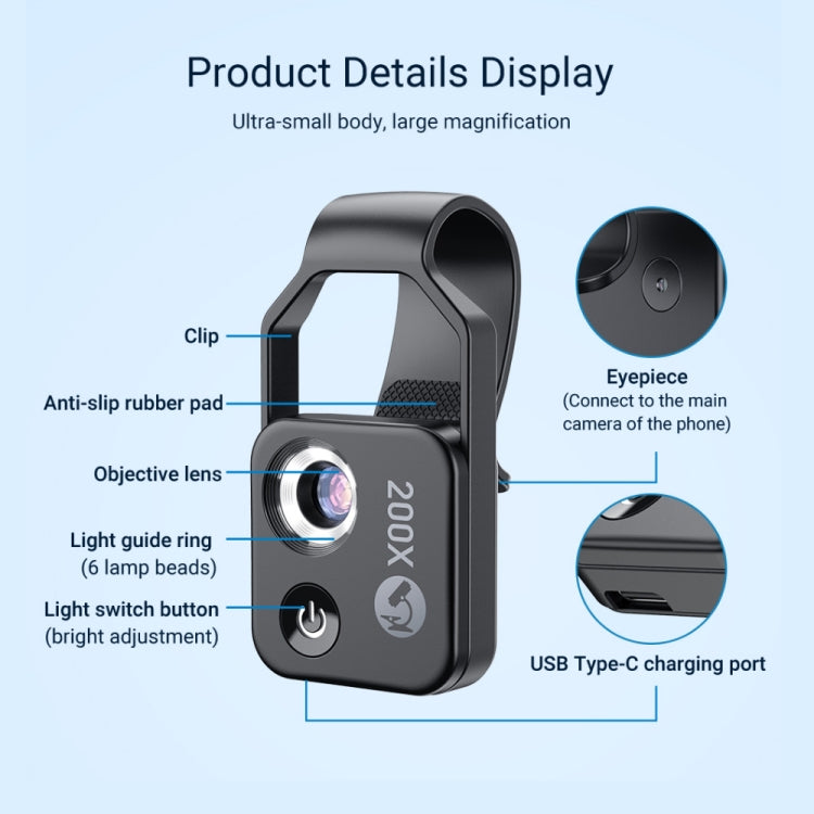 APEXEL APL-MS002BK 200X HD Universal Portable Mobile Phone Microscope with LED Light (Black) - HoMEdemic™ 