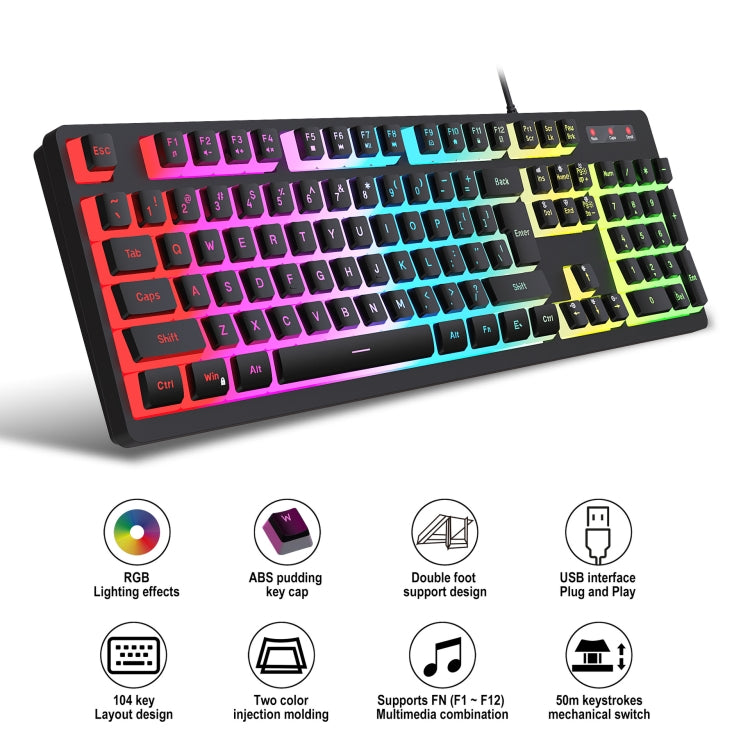 HXSJ L200 Wired RGB Backlit Keyboard 104 Pudding Key Caps(Black) - HoMEdemic™ 