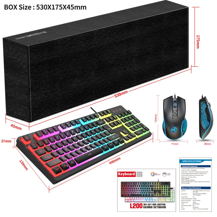 HXSJ L200+X100 Wired RGB Backlit Keyboard and Mouse Set 104 Pudding Key Caps + 3600DPI Mouse(Black) - HoMEdemic™ 