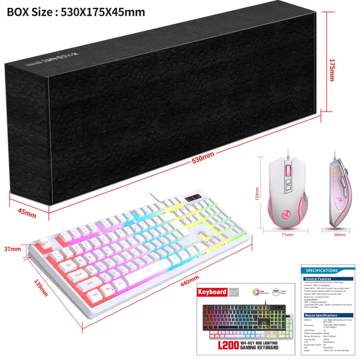 HXSJ L200+X100 Wired RGB Backlit Keyboard and Mouse Set 104 Pudding Key Caps + 3600DPI Mouse(White) - HoMEdemic™ 