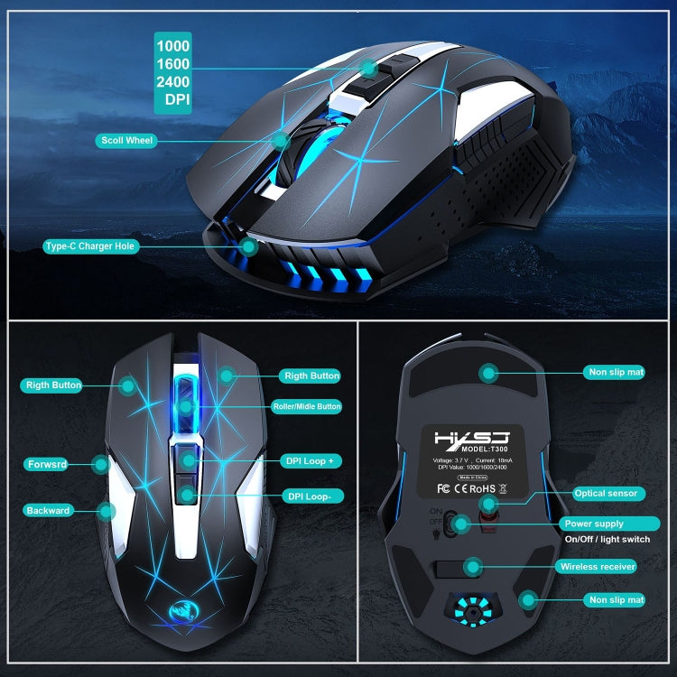 HXSJ T300 7 Keys 2400DPI 2.4G Colorful Luminous Wireless Mouse(Black) - HoMEdemic™ 