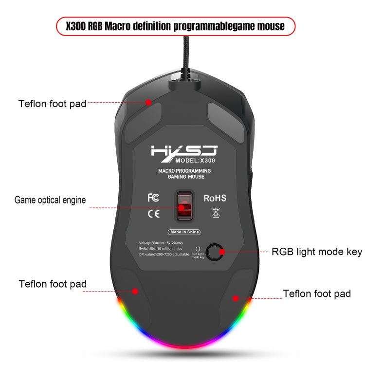 HXSJ X300 7200DPI RGB Backlight Interchangeable Back Cover Hole Gaming Wired Mouse(Black) - HoMEdemic™ 