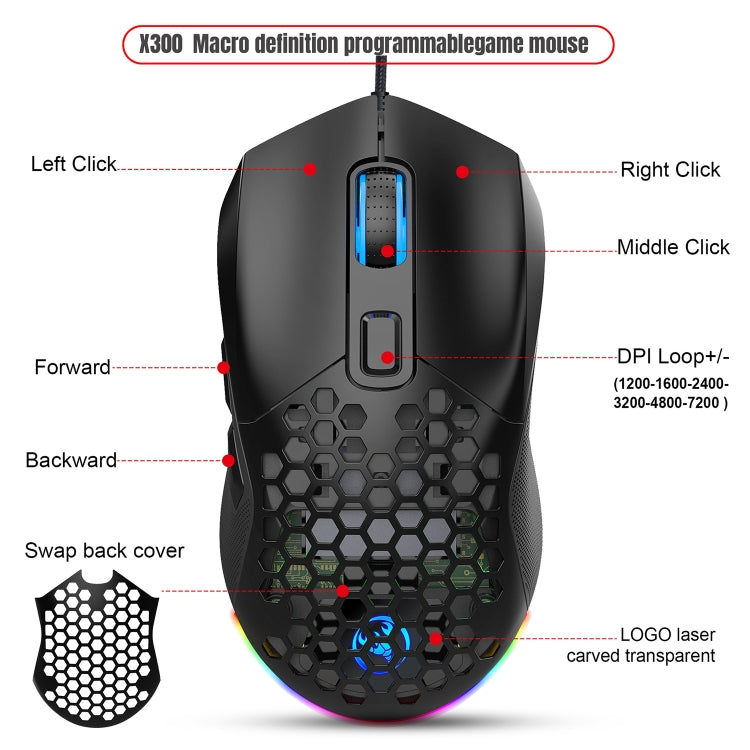 HXSJ X300 7200DPI RGB Backlight Interchangeable Back Cover Hole Gaming Wired Mouse(Black) - HoMEdemic™ 