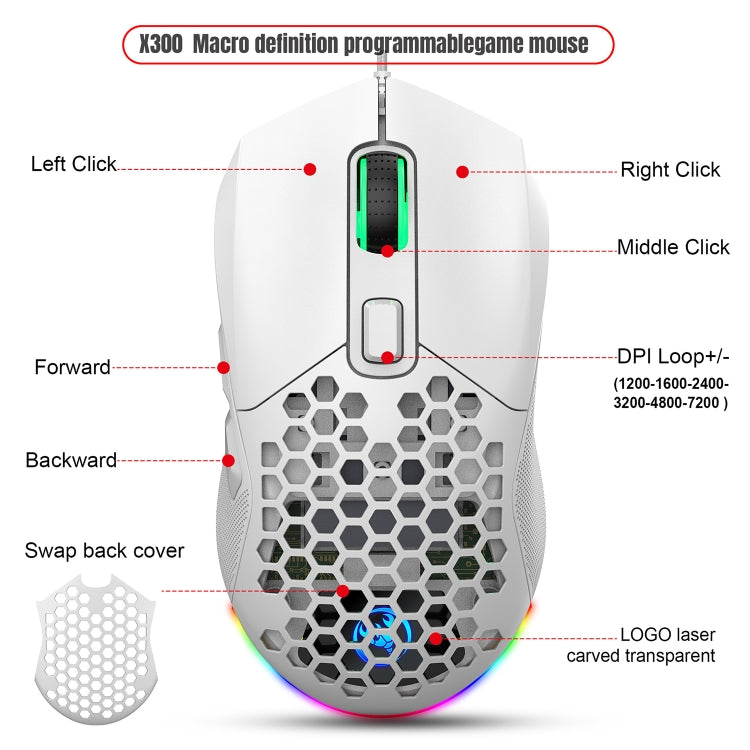 HXSJ X300 7200DPI RGB Backlight Interchangeable Back Cover Hole Gaming Wired Mouse(White) - HoMEdemic™ 