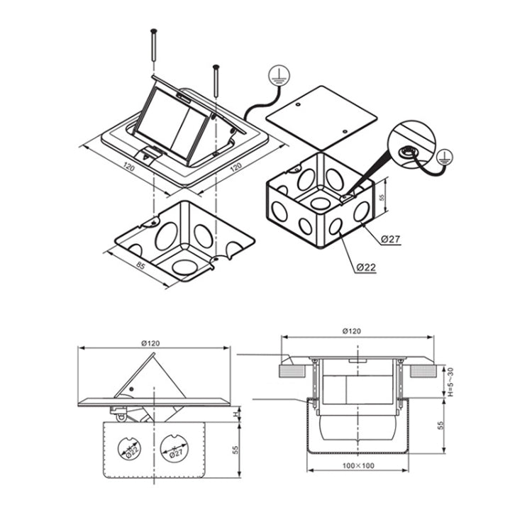 Hidden Pop-up Aluminum Alloy Computer Floor Socket with Cover Bottom Box, EU Plug - HoMEdemic™ 