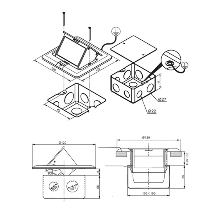 Hidden Pop-up Aluminum Alloy Computer Floor Socket with Cover Bottom Box, US Plug - HoMEdemic™ 