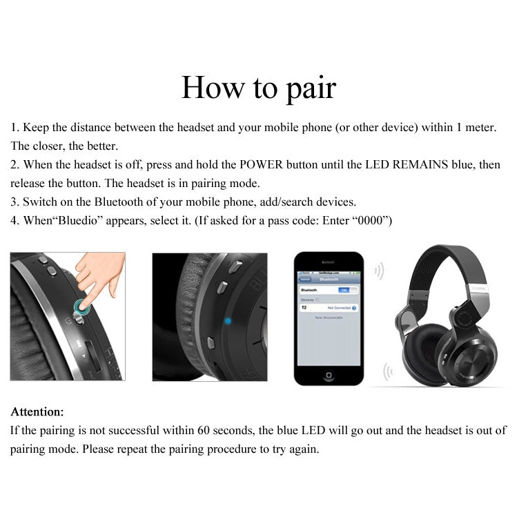 Bluedio T2 Turbine Wireless Bluetooth 4.1 Stereo Headphones Headset with Mic, For iPhone, Samsung, Huawei, Xiaomi, HTC and Other Smartphones, All Audio Devices(Black) - HoMEdemic™ 