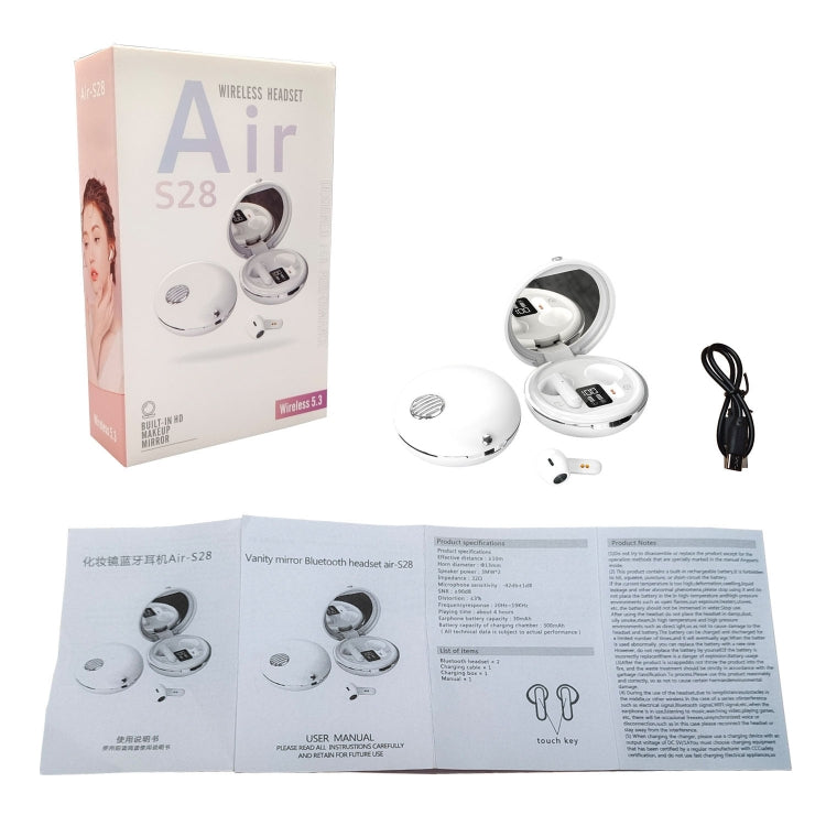 HXSJ Air-S28 TWS Bluetooth 5.3 True Wireless HiFi Stereo Make-up Mirror Earphones with Charging Case (White) - HoMEdemic™ 