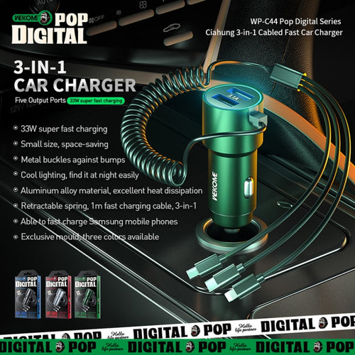 WK WP-C44 Pop Digital Series Ciahung 3-in-1 Cabled 33W Dual-USB Fast Car Charger (Green) - HoMEdemic™ 