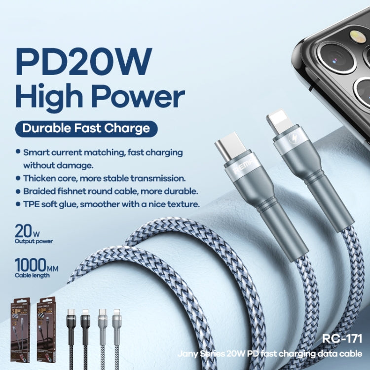 REMAX RC-171 Jany Series 1m PD20W USB to 8 Pin Aluminum Alloy Braid Fast Charging Data Cable (Black) - HoMEdemic™ 