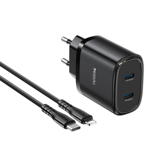 Yesido YC54 Dual USB-C / Type-C Travel Charger with 1m USB-C / Type-C to 8 Pin Cable, EU Plug (Black) - HoMEdemic™ 