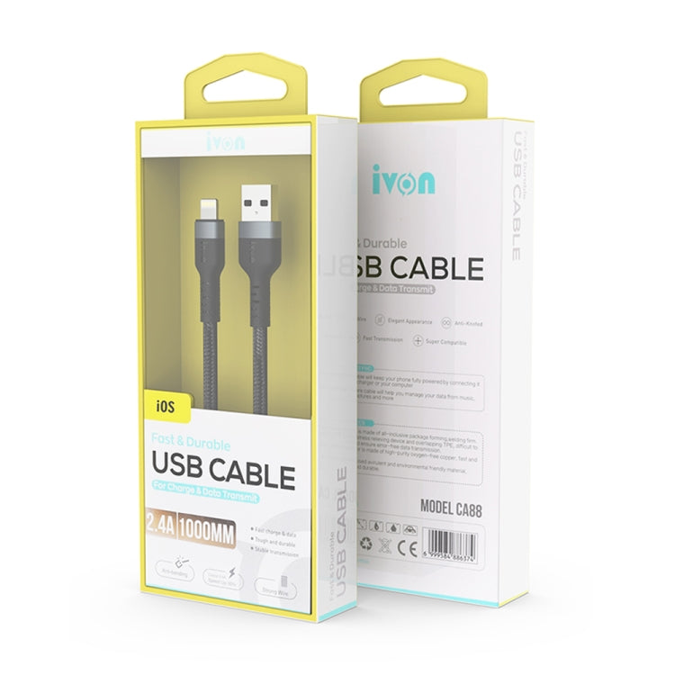 IVON CA88 12W 2.4A USB to 8 Pin Nylon Braid Fast Charge Data Cable, Cable Length: 1m (Black) - HoMEdemic™ 