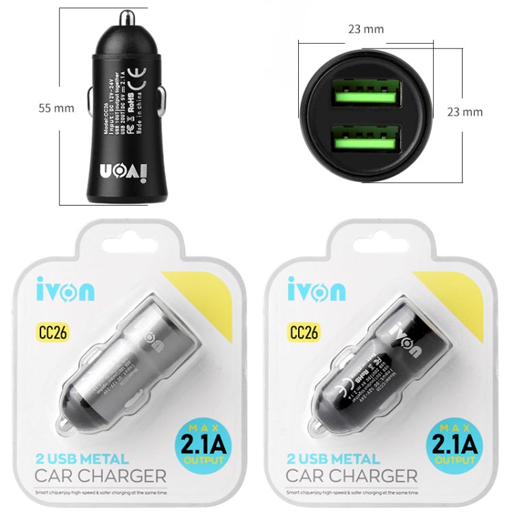 IVON CC26 5V 2.1A Dual USB Port Mini Car Charger (Grey) - HoMEdemic™ 