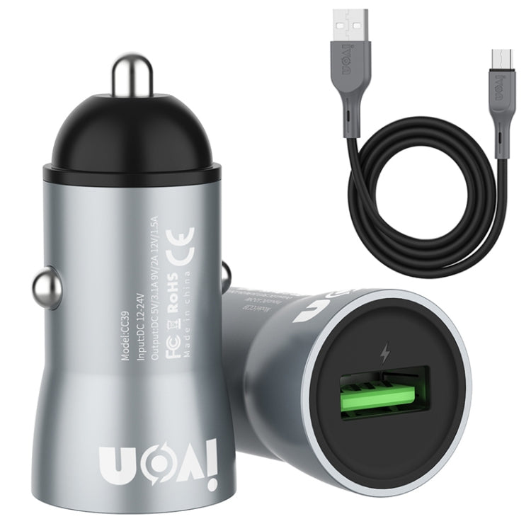 IVON CC39 18W 3.1A QC 3.0 USB Car Charger + 1m USB to USB-C / Type-C Fast Charge Data Cable Set - HoMEdemic™ 