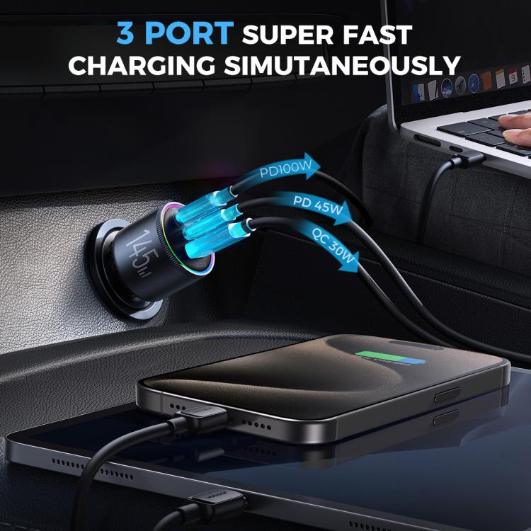 JOYROOM JR-CCN07 145W Dual PD+QC3.0 3-Port Car Charger(Dark Gray) - HoMEdemic™ 