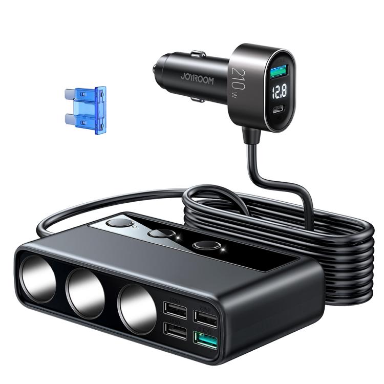 JOYROOM JR-CL06 9 in 1 210W PD USB-C / Type-C + Dual QC3.0 USB + 3 USB + 3 Cigarette Lighter Holes Digital Display Car Charger (Black) - HoMEdemic™ 