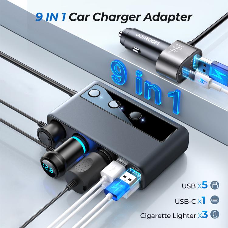 JOYROOM JR-CL06 9 in 1 210W PD USB-C / Type-C + Dual QC3.0 USB + 3 USB + 3 Cigarette Lighter Holes Digital Display Car Charger (Black) - HoMEdemic™ 