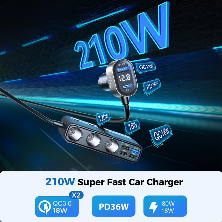 JOYROOM JR-CL06 9 in 1 210W PD USB-C / Type-C + Dual QC3.0 USB + 3 USB + 3 Cigarette Lighter Holes Digital Display Car Charger (Black) - HoMEdemic™ 