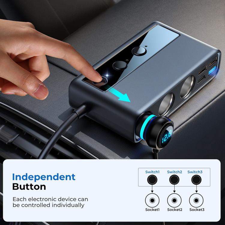 JOYROOM JR-CL06 9 in 1 210W PD USB-C / Type-C + Dual QC3.0 USB + 3 USB + 3 Cigarette Lighter Holes Digital Display Car Charger (Black) - HoMEdemic™ 