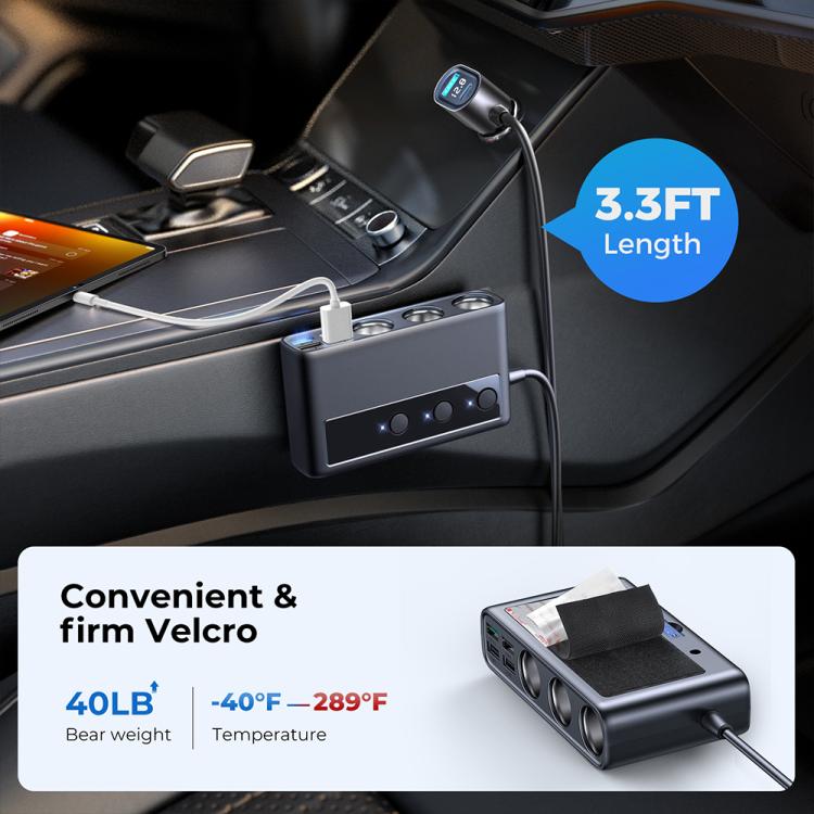 JOYROOM JR-CL06 9 in 1 210W PD USB-C / Type-C + Dual QC3.0 USB + 3 USB + 3 Cigarette Lighter Holes Digital Display Car Charger (Black) - HoMEdemic™ 