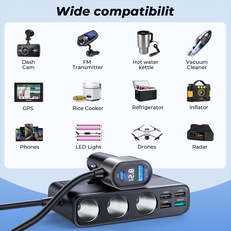 JOYROOM JR-CL06 9 in 1 210W PD USB-C / Type-C + Dual QC3.0 USB + 3 USB + 3 Cigarette Lighter Holes Digital Display Car Charger (Black) - HoMEdemic™ 