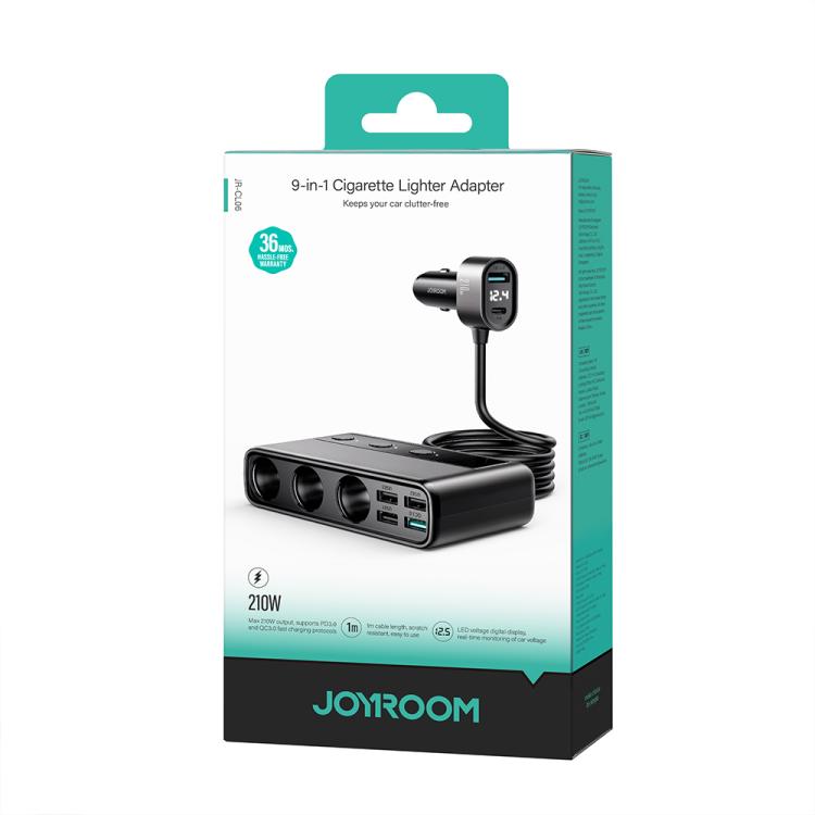 JOYROOM JR-CL06 9 in 1 210W PD USB-C / Type-C + Dual QC3.0 USB + 3 USB + 3 Cigarette Lighter Holes Digital Display Car Charger (Black) - HoMEdemic™ 