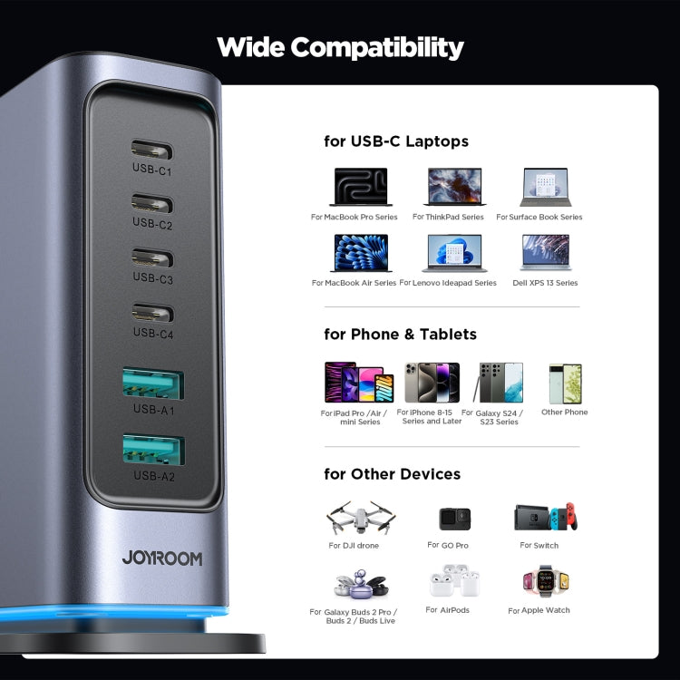 JOYROOM JR-TCM02 6 in 1 65W GaN 4 USB-C & 2 USB-A Multi-port Charger, Power Plug:UK Plug(Dark Gray) - HoMEdemic™ 