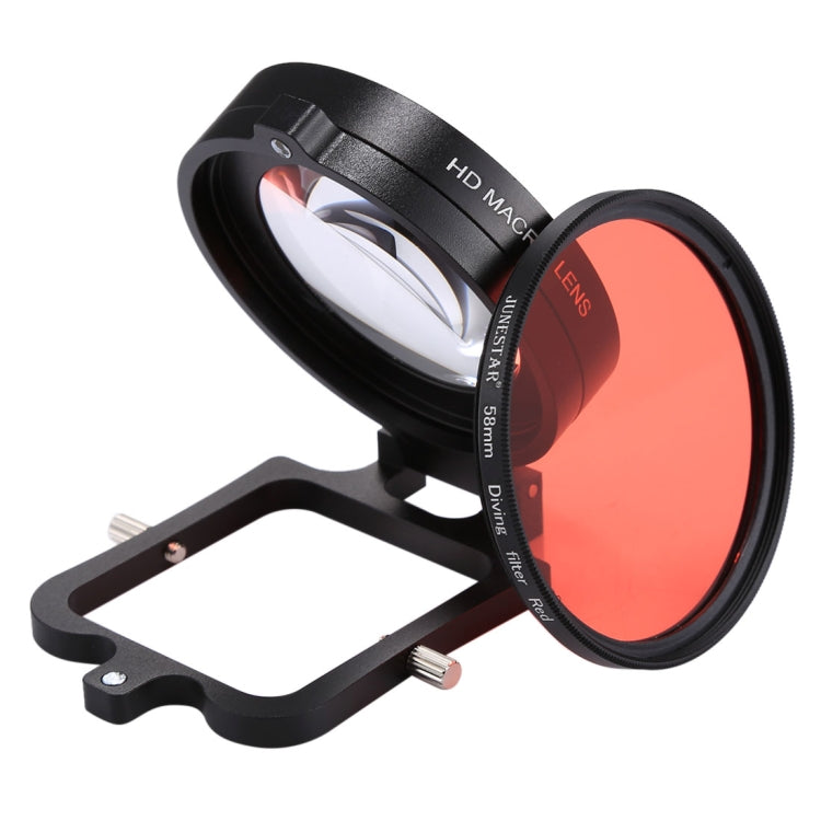 JSR 58mm 16X Macro Lens + Red Diving Lens Filter with Lens Cover + Lens Filter Ring Adapter + String + Cleaning Cloth for GoPro HERO6 /5 Dive Housing - HoMEdemic™ 
