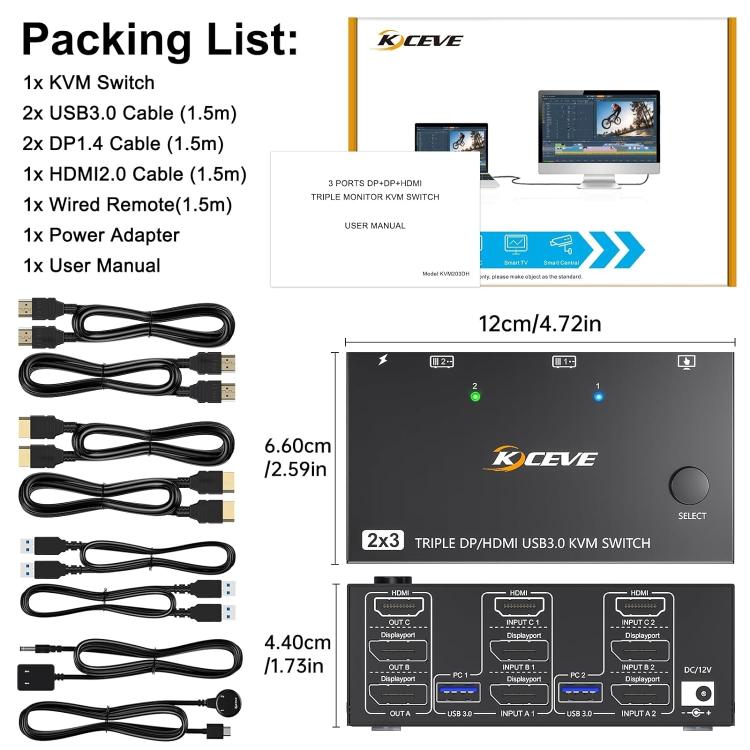 KC-KVM203DH 8K 30Hz USB3.0 DP+DP+HDMI Triple Monitors KVM Switch, AU Plug - HoMEdemic™ 