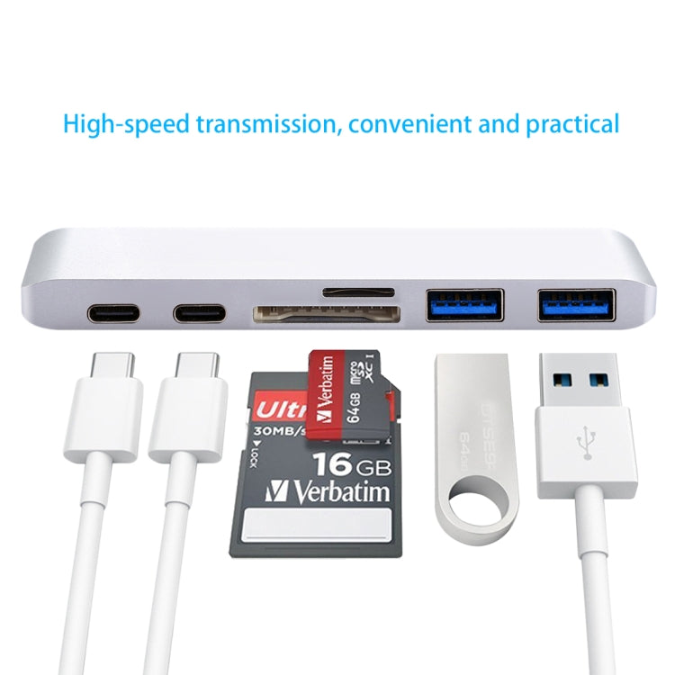 6 in 1 Multi-function Aluminium Alloy 5Gbps Transfer Rate Dual USB-C / Type-C HUB Adapter with 2 USB 3.0 Ports & 2 USB-C / Type-C Ports & SD Card Slot & TF Card Slot for Macbook 2015 / 2016 / 2017, 6 in 1 Silver, 6 in 1 Grey