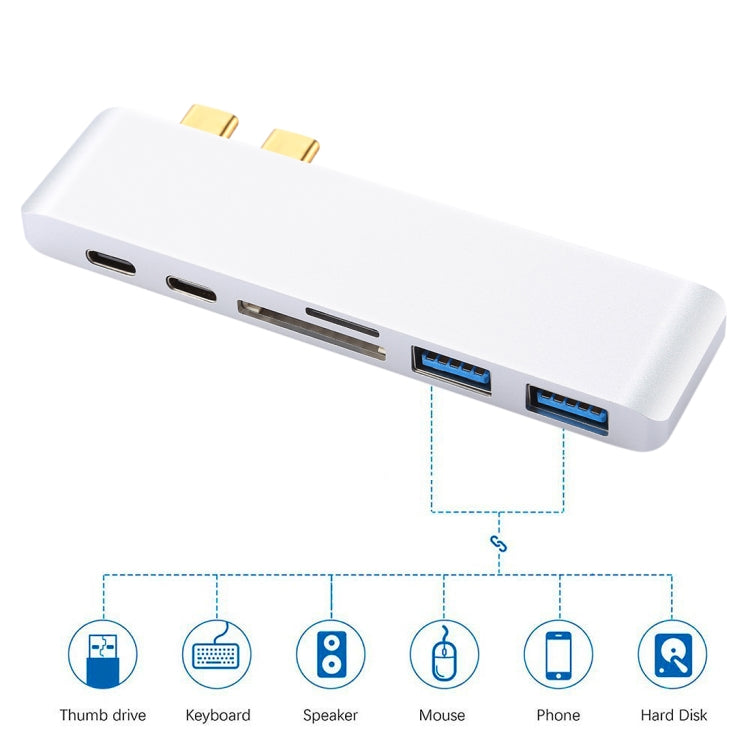 6 in 1 Multi-function Aluminium Alloy 5Gbps Transfer Rate Dual USB-C / Type-C HUB Adapter with 2 USB 3.0 Ports & 2 USB-C / Type-C Ports & SD Card Slot & TF Card Slot for Macbook 2015 / 2016 / 2017, 6 in 1 Silver, 6 in 1 Grey