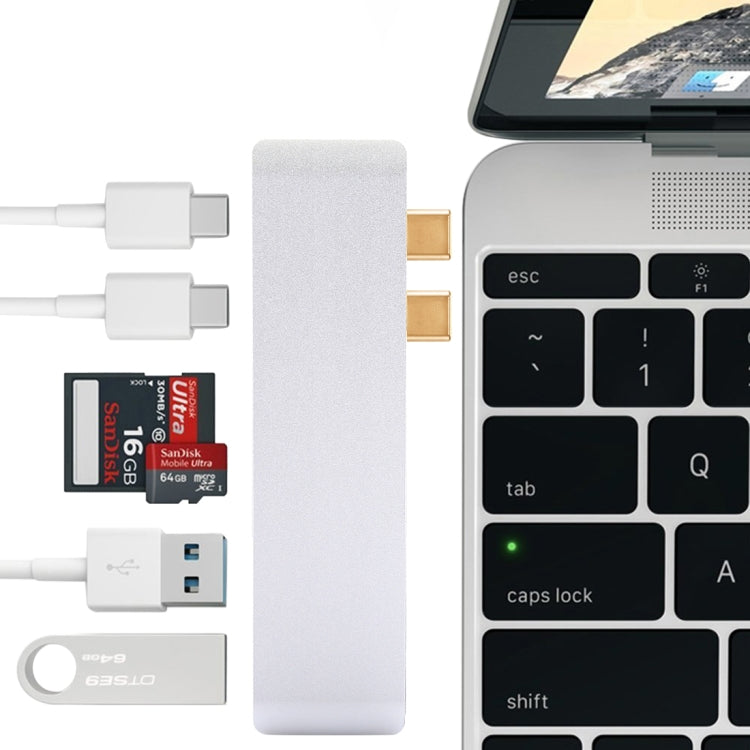 6 in 1 Multi-function Aluminium Alloy 5Gbps Transfer Rate Dual USB-C / Type-C HUB Adapter with 2 USB 3.0 Ports & 2 USB-C / Type-C Ports & SD Card Slot & TF Card Slot for Macbook 2015 / 2016 / 2017, 6 in 1 Silver, 6 in 1 Grey
