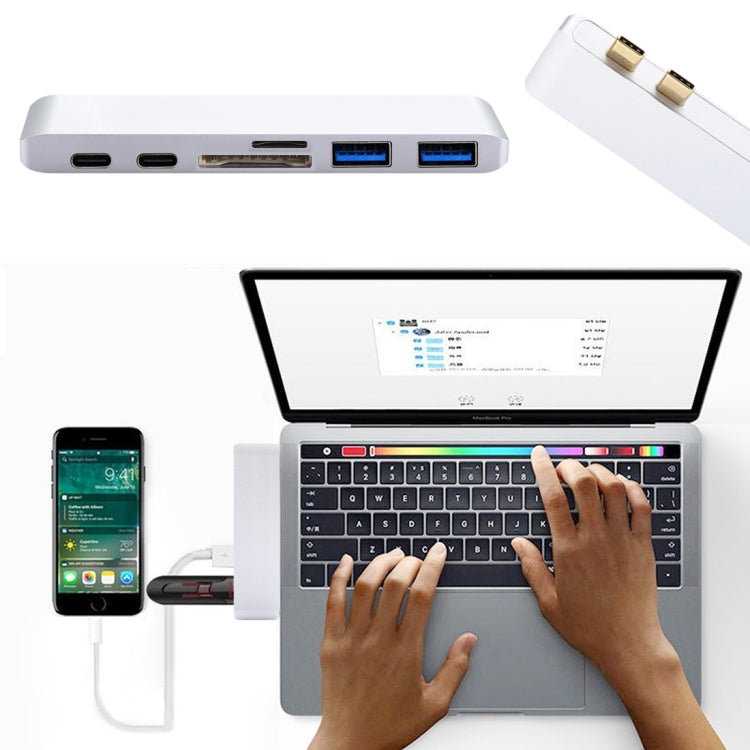 6 in 1 Multi-function Aluminium Alloy 5Gbps Transfer Rate Dual USB-C / Type-C HUB Adapter with 2 USB 3.0 Ports & 2 USB-C / Type-C Ports & SD Card Slot & TF Card Slot for Macbook 2015 / 2016 / 2017, 6 in 1 Silver, 6 in 1 Grey