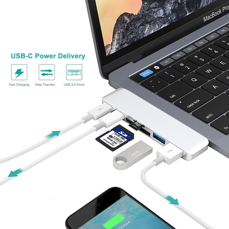 6 in 1 Multi-function Aluminium Alloy 5Gbps Transfer Rate Dual USB-C / Type-C HUB Adapter with 2 USB 3.0 Ports & 2 USB-C / Type-C Ports & SD Card Slot & TF Card Slot for Macbook 2015 / 2016 / 2017, 6 in 1 Silver, 6 in 1 Grey