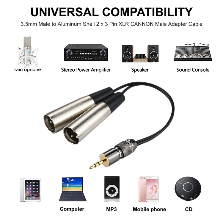 Metal Head 3.5mm Male to Aluminum Shell 2 x 3 Pin XLR CANNON Male Audio Connector Adapter Cable, Total Length: about 25cm, 2 x 3 Pin Male - HoMEdemic™ 
